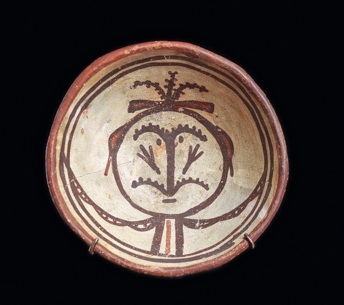 Polacca Ladle Bowl from Wheeler Expedition: As stated on M. Struever's document: "A pottery ladle bowl with a Polacca slip painted with the image of the katsina Qogolo, ca. 1870's. This piece of history was collected on the Wheeler Expedition i