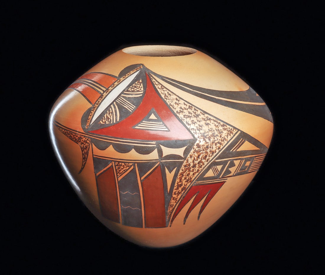 S. Lucas Small Polychrome Decorated Bird Jar: Small and elegant polychrome decorated pottery jar, decorated with a finely painted long beaked birdhaving a long upswept head plume. Signed on the base: "S. Lucas K (mud doll) Yemsi 2-94." Intact, ex