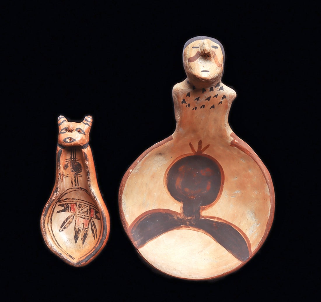 Hopi Polychrome Decorated Figural Ladle & Spoon (2): Two different polychrome decorated pottery examples, including a ladle having a figural handle, with a large saucer type spoon painted with a dark brown and red bust. Intact, exc. cond. Custom base. T