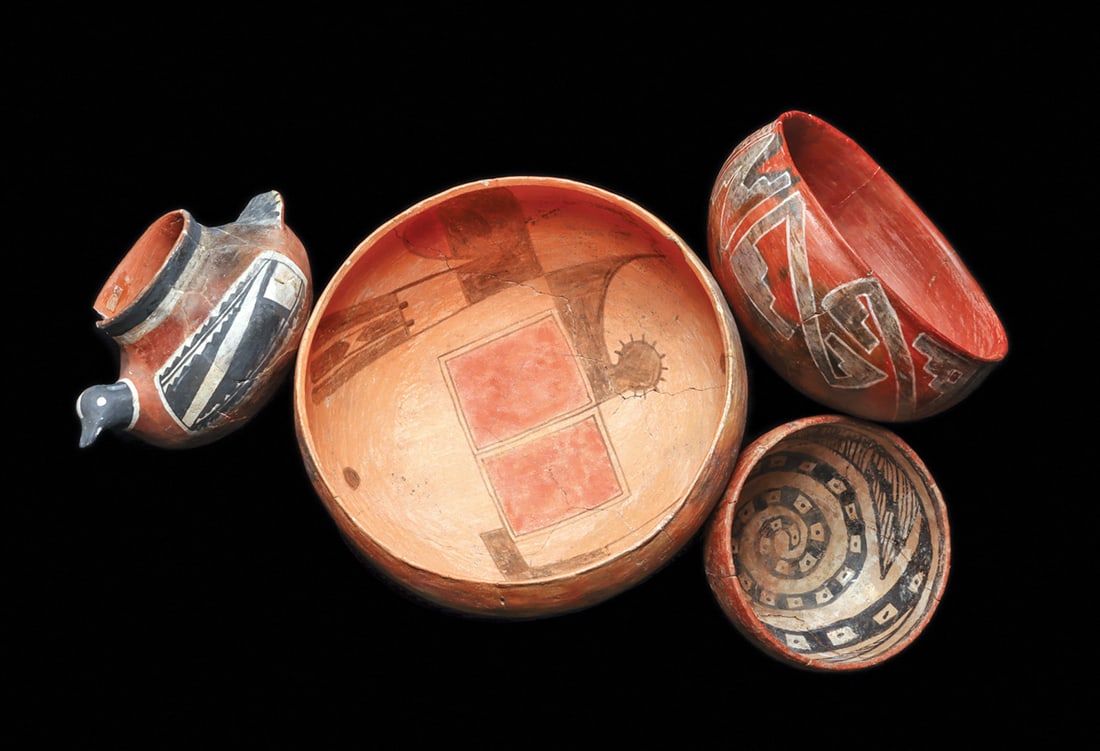 Sikyati Polychrome Bowl & Two Decorated Salado Bowls &: A large polychrome decorated Anasazi pottery bowl, decorated on the interior with two painted red-orange large rectangular elements in the center, surrounded by an abstract bird. Exterior has two oppo