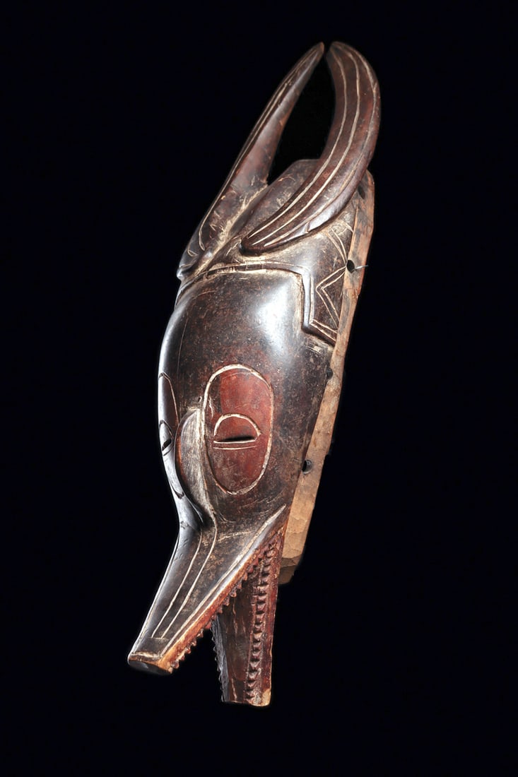 Guro Zamble Mask: Antelope mask of classic curved form with tapered and engraved horns, relief nasal ridge, narrow slit eyes, and open jaws with small angular teeth. Painted red and black. Tip of one horn nicked. Mello
