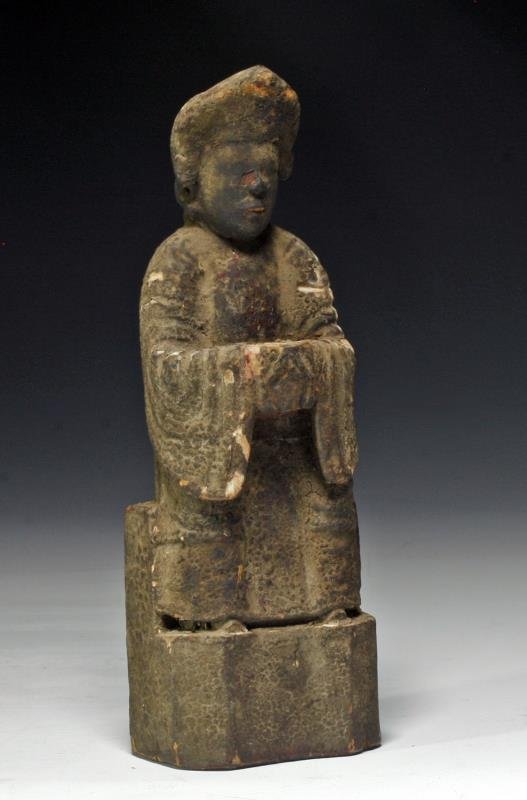 Early Chinese / Tibetan Wooden Statue, Monk: Ca. 18 to 19th century CE. Statuettes such as this were part of Buddhist temples and the small opening in the back allowed for placement of prayers or offerings. The small door to the opening has been