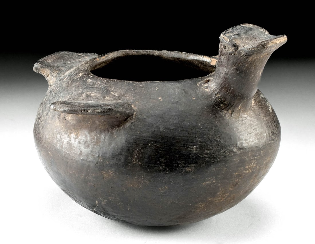 Olmec Duck Effigy Pottery Vessel - Tab-Like Wings: Pre-Columbian, Central Mexico, Olmec, ca. 700 to 300 BCE. A pottery vessel in the shape of a duck, featuring a spherical body with tab-like wings and tail. A simple cylindrical neck and flattened head