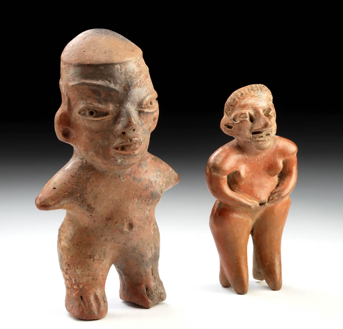 Two Tlatilco and Proto-Maya Nude Pottery Figures: Pre-Columbian, Central Mexico, Tlatilco culture, ca. 1200 to 600 BCE; Mesoamerica, Proto-Maya, ca. 1000 to 500 BCE. A striking pair of early Mesoamerican pottery figures representing two distinct but