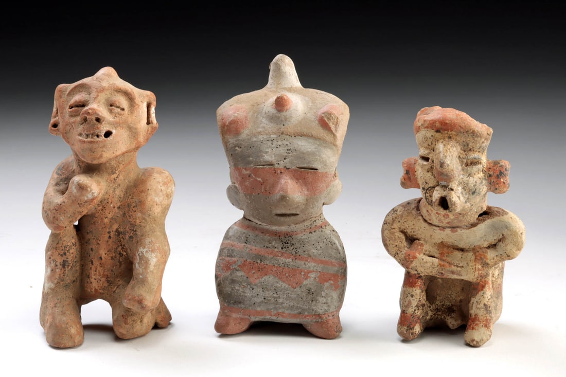 3 Proto-Maya, Jalisco, & Nayarit Pottery Seated Figures: Pre-Columbian, Mesoamerica, Proto-Maya, Nayarit, and Jalisco cultures, ca. 300 BCE to 300 CE. A compact and expressive group of three Pre-Columbian seated pottery figures, each representing a distinct