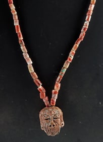 Aztec Spondylus Bead Necklace - Xipe Totec Pendant