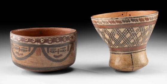 Nazca Polychrome Vessels, Trophy Head Bowl + Kero