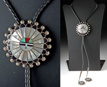 Zuni Nacre Inlaid & Silver Sunface Bolo by Abel Soseeah
