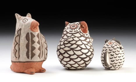 3 Santa Ana, Zuni, & Acoma Pottery Owl Figurines