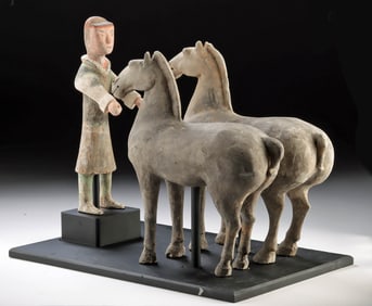 3 Han Dynasty Mingqi Figures - 1 Horse Groom & 2 Horses