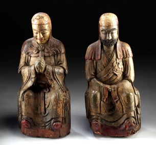 Pair of Chinese Ming Wooden Lohan Figures