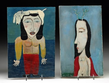 2 Rose Walton Paintings - Dog on Head & Deerhunter Wife