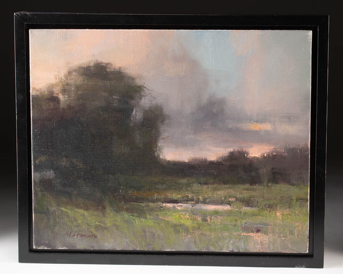 Marc Hanson Painting - "Wetland Romance" (2017): Marc R. Hanson (American, b. 1955). "Wetland Romance" oil on canvas, 2017. Signed at lower left and titled and dated on verso. A gentle hush settles over this quiet stretch of marshland, where sky and