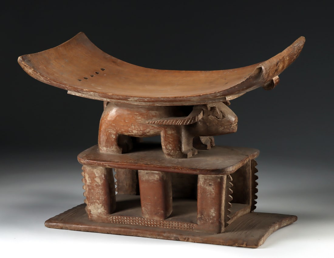 Large Ashanti Wood Prestige Stool w/ Water Buffalo (1 of 4)