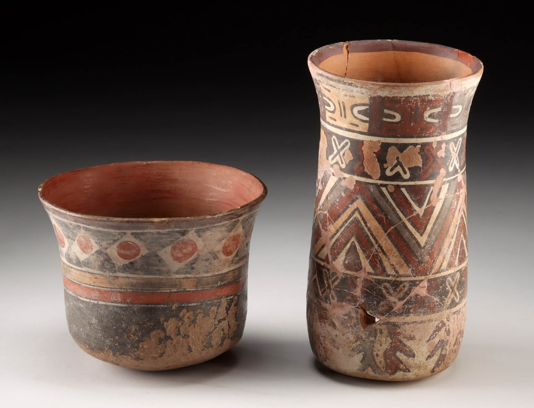 Two Nazca Polychrome Pottery Vessels, Trophy Head Motif (1 of 3)
