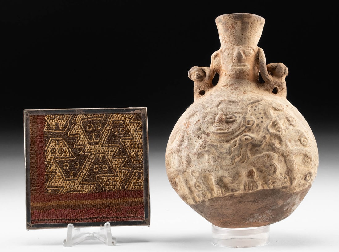 Chimu Pottery Figural Jar & Chancay Textile Fragment: Pre-Columbian, North Coast Peru, Moche-Chimu & Chancay culture, ca. 600 to 1400 CE. A cotton and camelid wool (alpaca) textile fragment featuring lively interlocking serpentine creatures with