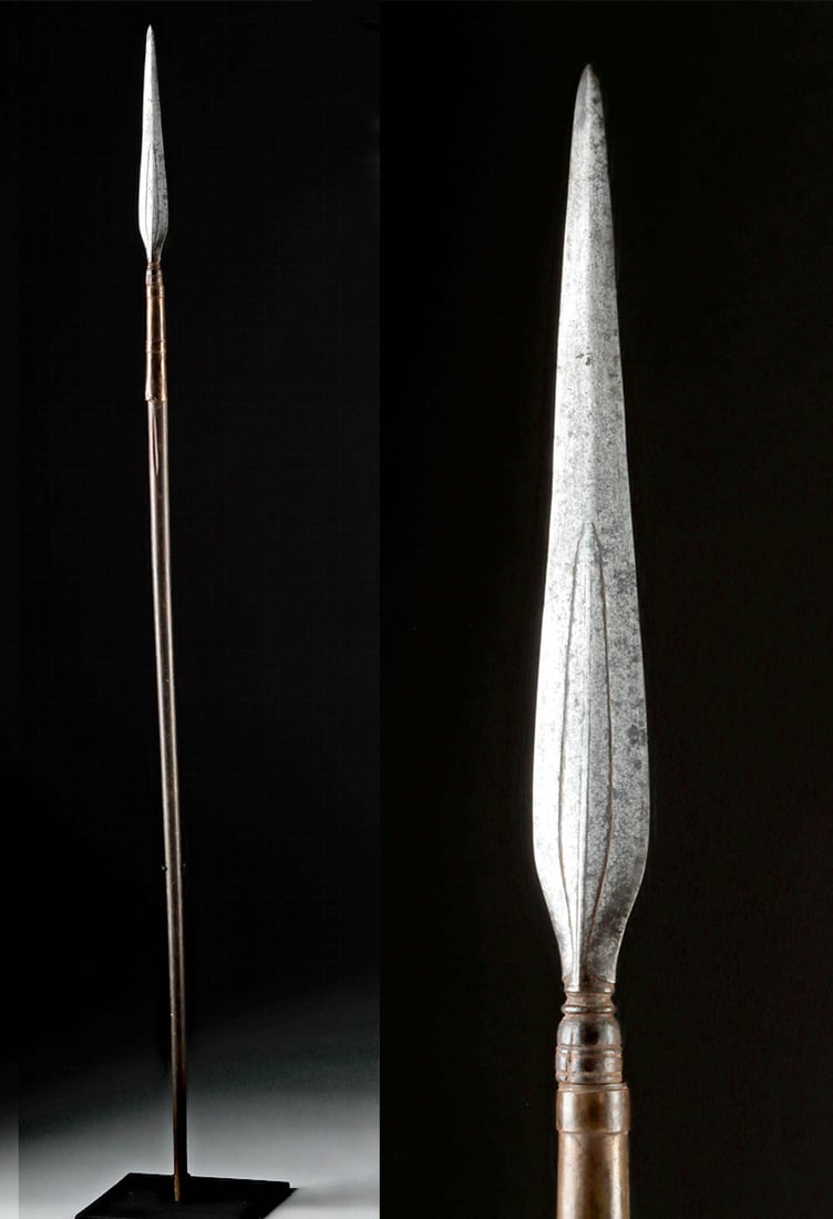 19th C. Borneo Iron & Brass Spear, Short Wood Shaft: Southeast Asia, Indonesia, Borneo or southern Philippines, Moro culture, ca. late 19th to mid-20th century CE. A slender spear featuring an iron blade affixed to a wooden shaft. The blade displays a n