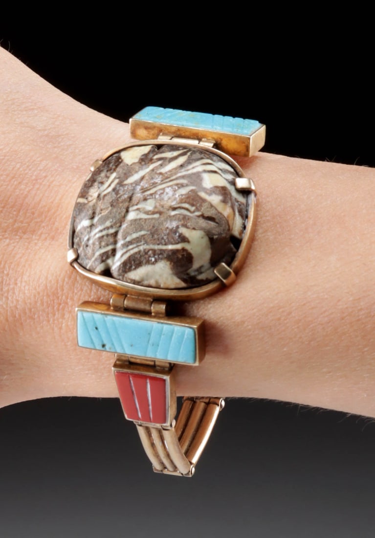 1940s Cairo Bracelet w/ Ancient Egyptian Mosaic Scarab: Egypt, Third Intermediate period, 21st Dynasty, ca. 1000 BCE; Late Dynastic period, 26th Dynasty, ca. 550 BCE; Cairo, ca. 1944 to 1945 CE. A captivating fusion of ancient and modern craftsmanship, thi