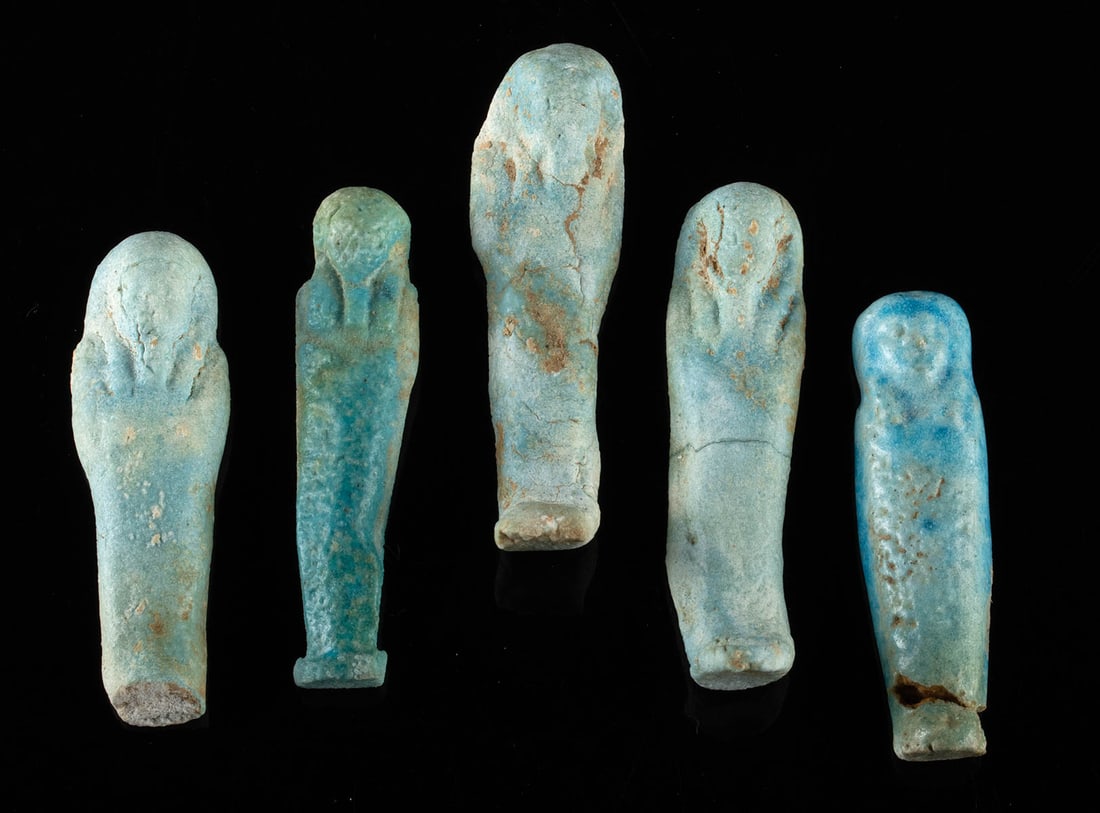 Five Egyptian Glazed Faience Ushabti Funerary Figurines (1 of 2)