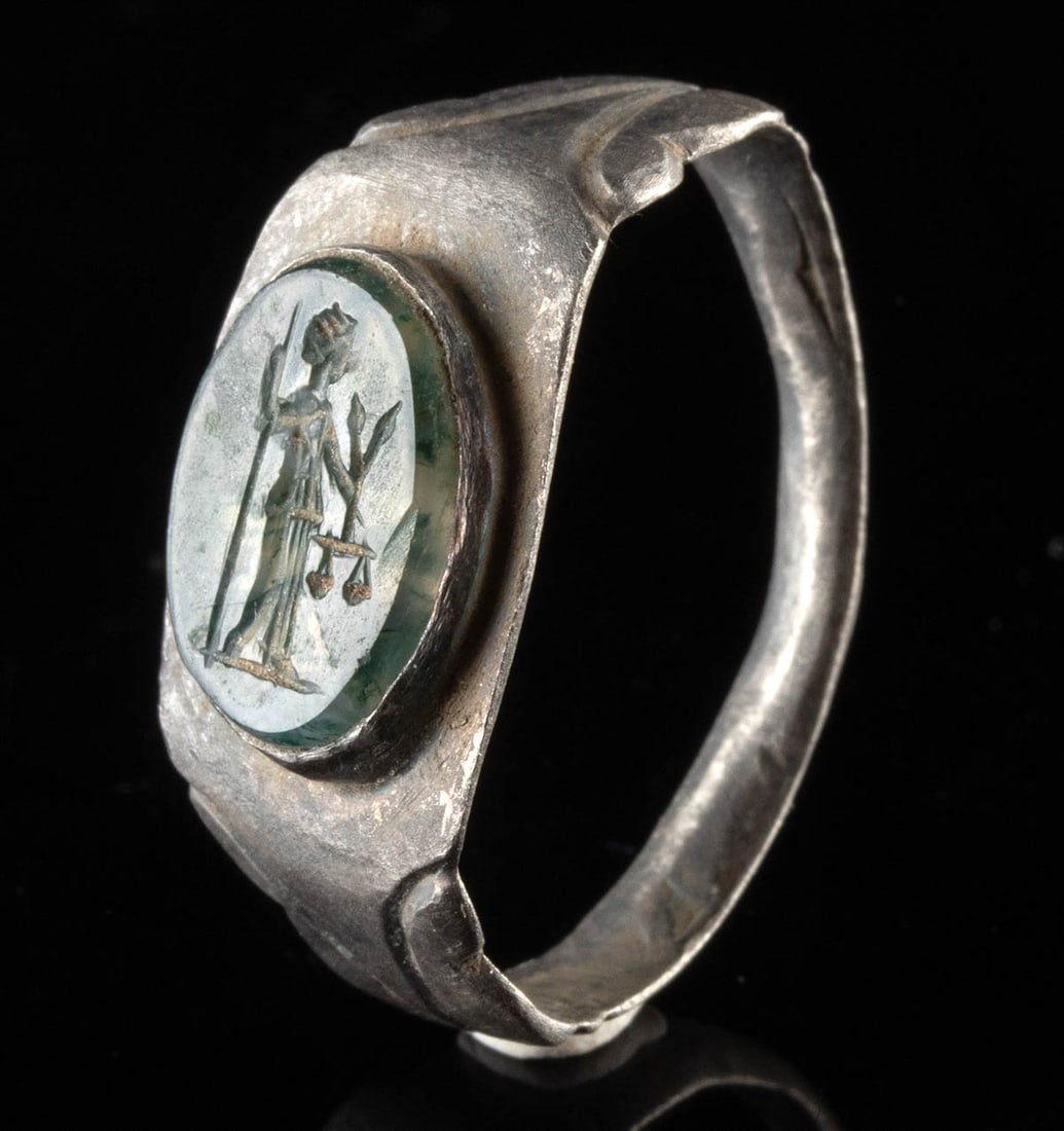 Roman Silver Ring w/ Agate Intaglio of Goddess Justitia (1 of 2)