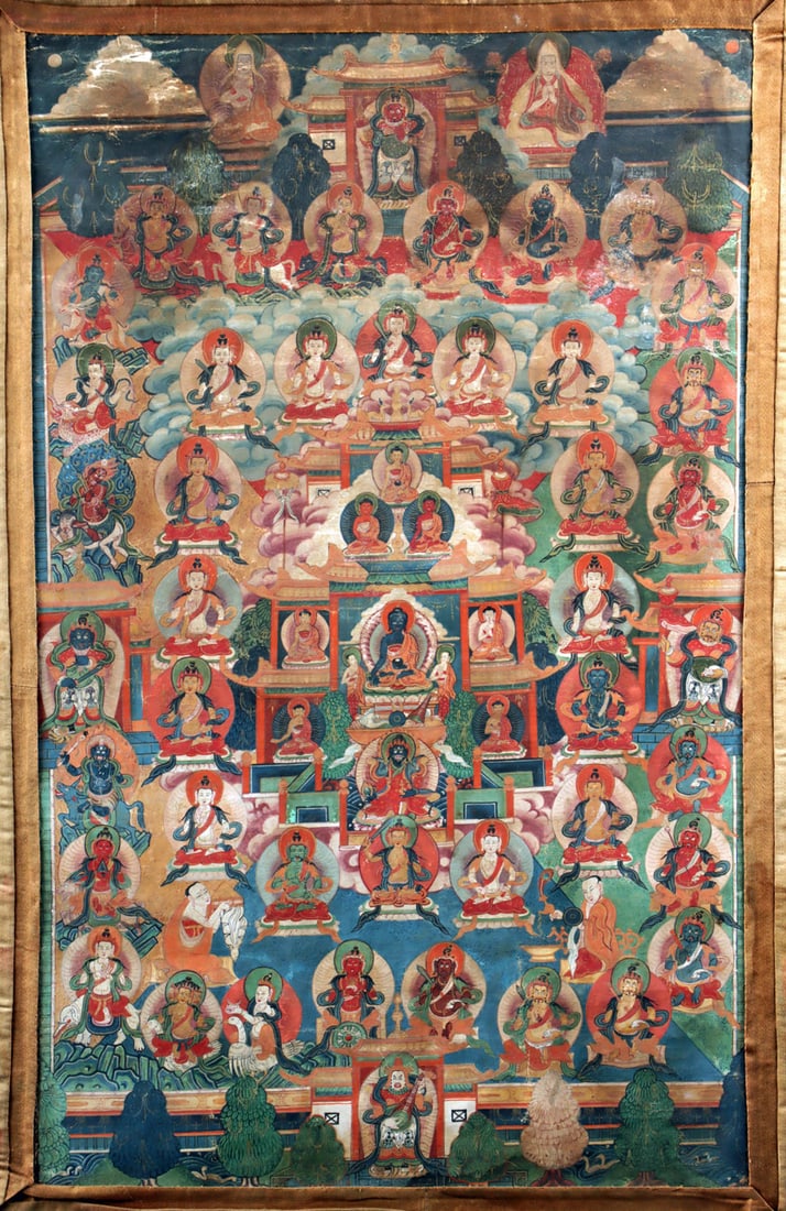 19th C. Tibetan Silk Thangka of Bhaisajyaguru & Deities (1 of 4)