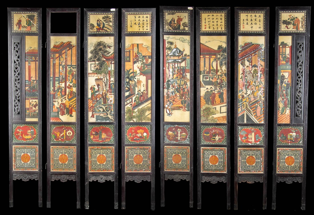 8 Panel Chinese Qing Era Wood & Painted Marble Screens (1 of 10)