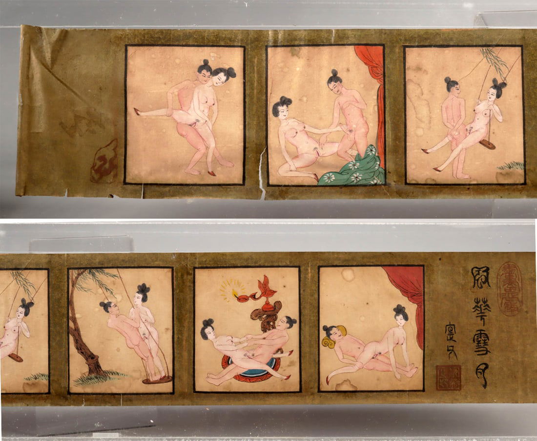 19th C. Qing Erotic Painted Scroll - Bedchamber Scenes (1 of 4)