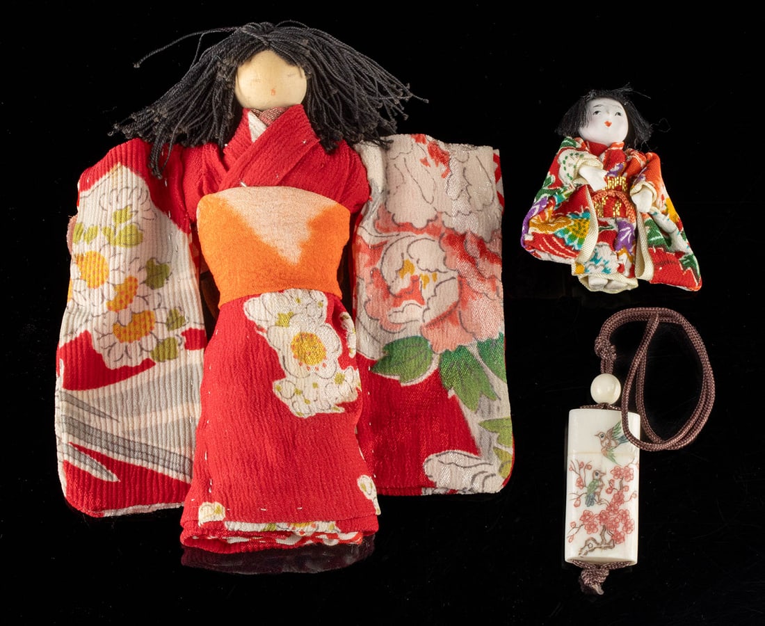 2 Japanese Silk Kimono Dolls & Porcelain Inro (1 of 2)