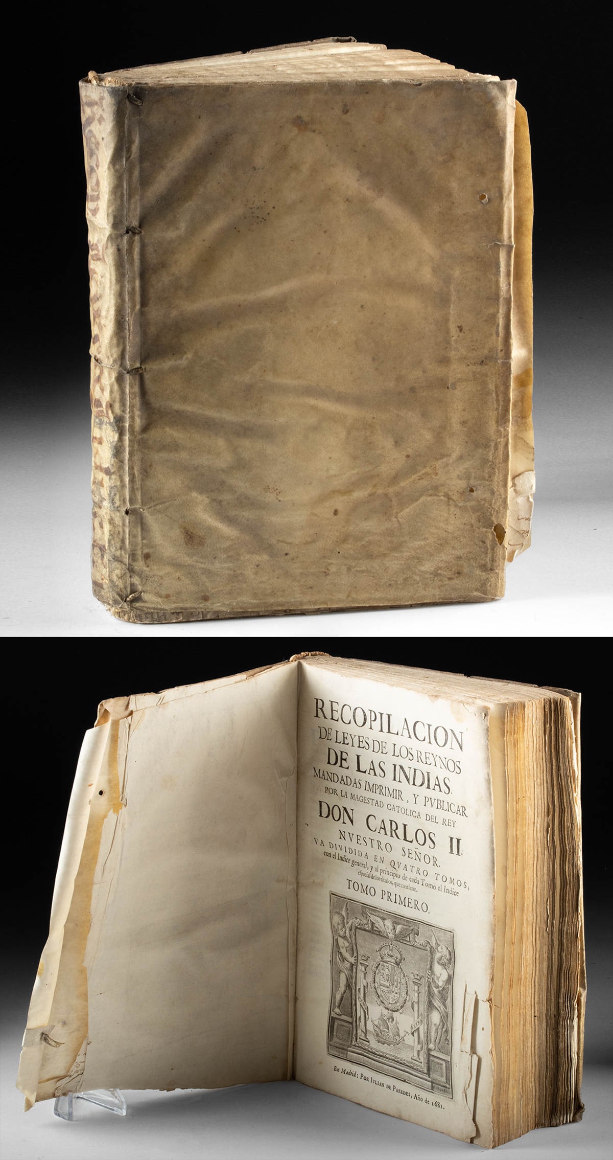 1681 Recopilacion de Leyes de las Indias Vol. I, 1st Ed: Western Europe, Spain, Madrid, Early Modern period, ca. 1681 CE. A first edition of Volume I of "Recopilacion de leyes de los reynos de las Indias: Mandadas imprimir, y publicar por la Magestad Catoli