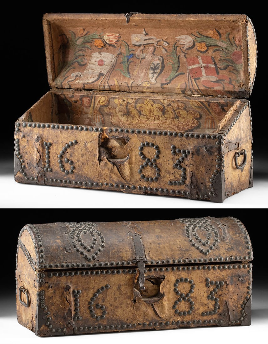 Rare 17th C. European Hide & Painted Heraldic Chest (1 of 10)