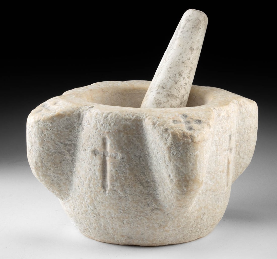 17th C. Spanish Marble Mortar and Pestle with Crosses (1 of 4)