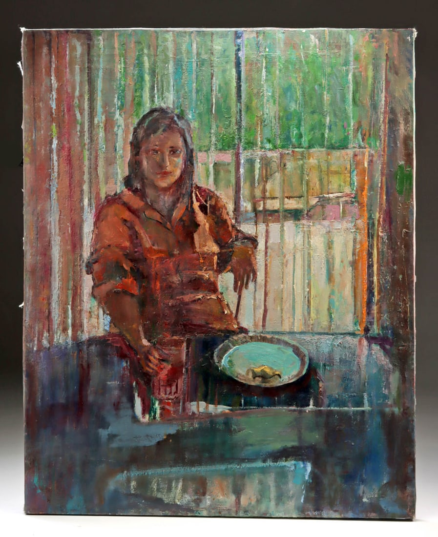 Arthur Knebel Painting - Woman Eating Lunch: Arthur Knebel (American, 1925-2013). Woman Eating Lunch. Oil on canvas, n.d. Unsigned. A moment of everyday sustenance becomes quietly monumental in this intimate figurative interior, where a woman