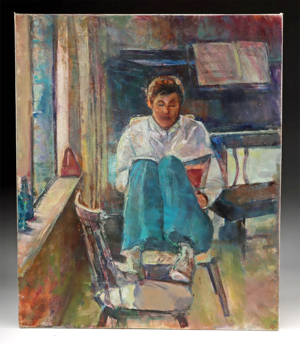 Arthur Knebel Painting - Young Man Reading: Arthur Knebel (American, 1925-2013). Man Reading. Oil on canvas, n.d. A quiet interior unfolds in softened planes of color, where a solitary man curls inward over a book, absorbed in the private