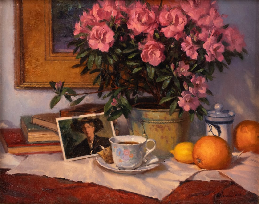 Marc Hanson Painting - "Memories" (2002): Marc R. Hanson (American, b. 1955). "Memories" oil on canvas, 2002. Signed at lower right and again with title and date on verso. A quiet still life unfolds like a paused conversation, where objects