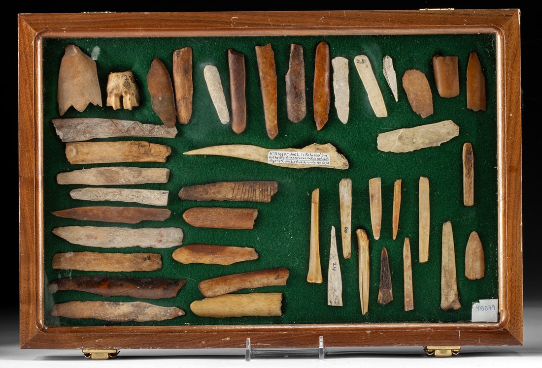 Native American Archaic-Woodlands Bone Tool Collection: Native American, Midwestern to Southeastern United States, Archaic to Woodlands era, ca. 8000 BCE to 1800s CE. A collection of bone and antler tools representing assorted find sites, presented in a re