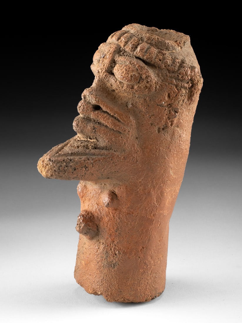 14th C. Ghana Koma Terracotta Head - Long Pointed Beard: West Africa, Ghana, Komaland (Moagduri District), Koma tradition, ca. 14th to 17th century CE. A striking Koma terracotta head modeled with a commanding face and an elongated pointed beard, rising fro