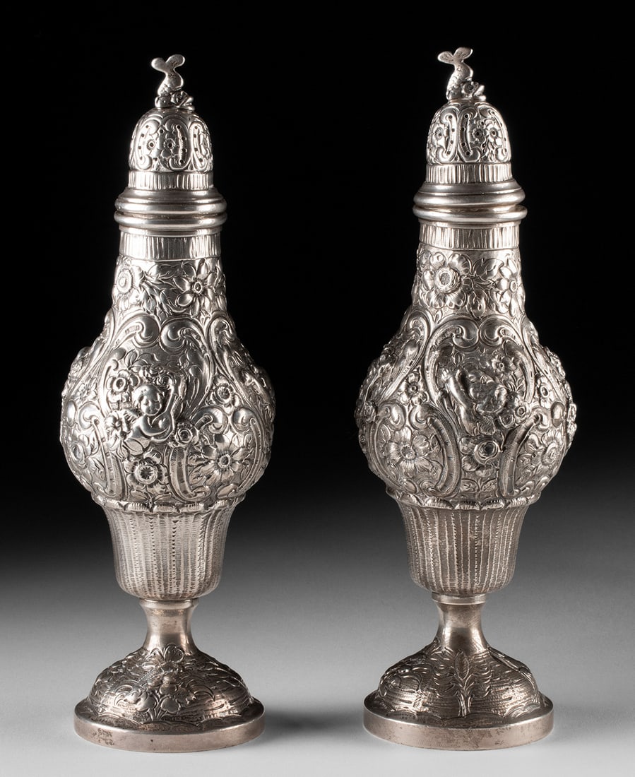 2 Continental Silver Hand-Chased Sugar Casters w/ Putti (1 of 3)