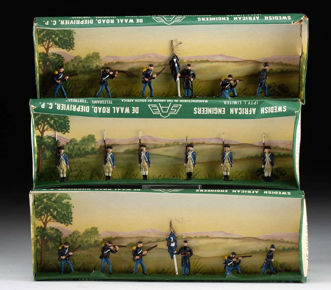 1960s SAE Lead USA Soldier Figures, Original 3 Box Set: South Africa, ca. mid-20th century CE. This group includes three boxed sets of lead miniature soldier figures produced by Swedish African Engineers (SAE), a South Africa-based maker active during the