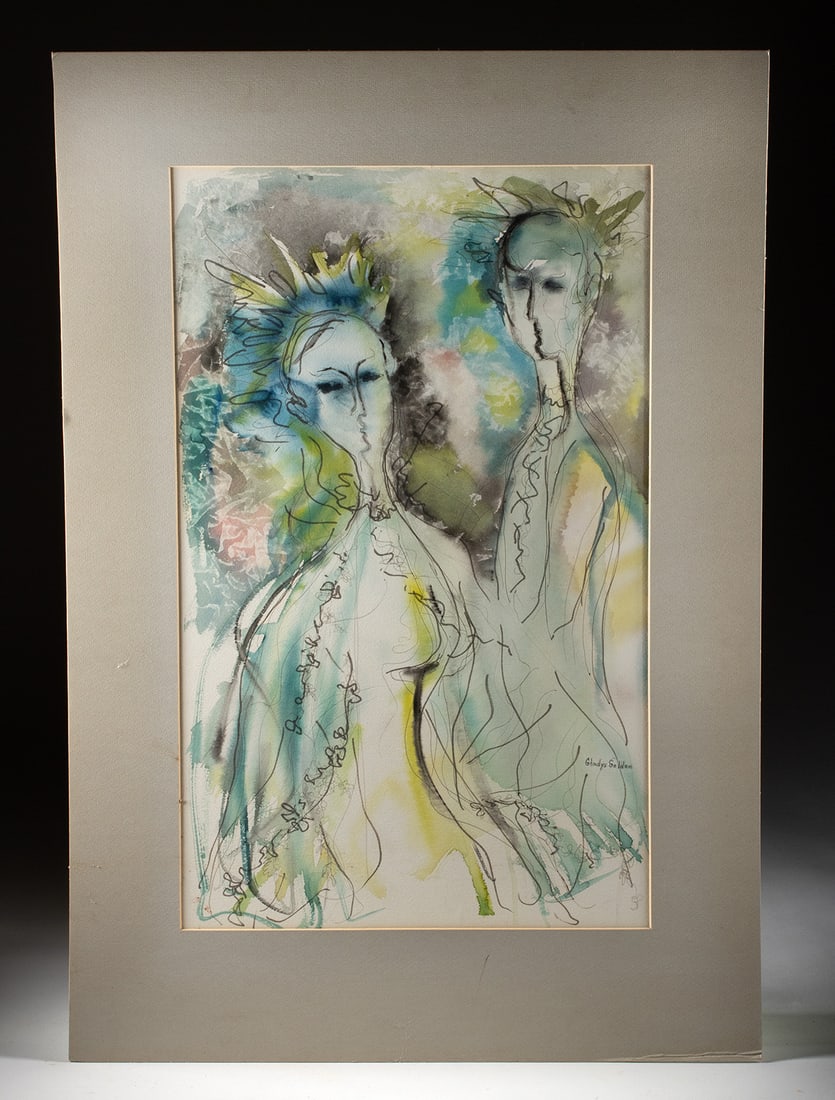 Gladys Golden Mixed Media - Abstract Couple: Gladys Golden (American, 20th century). Abstract Couple. Watercolor and ink on paper, n.d. Signed at lower right. A dreamlike pair emerges from a haze of color in this expressive watercolor, where flu