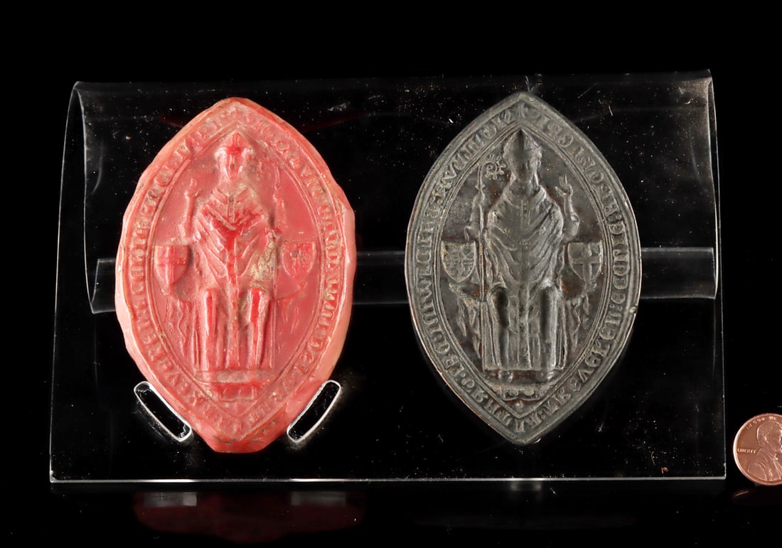 14th C. Medieval Bronze Seal of Baldwin of Luxembourg: Western Europe, Holy Roman Empire, Medieval period, ca. 14th century CE. A powerful survival of medieval authority, this bronze seal matrix of Baldwin of Luxembourg (1285-1354), Archbishop and Elector