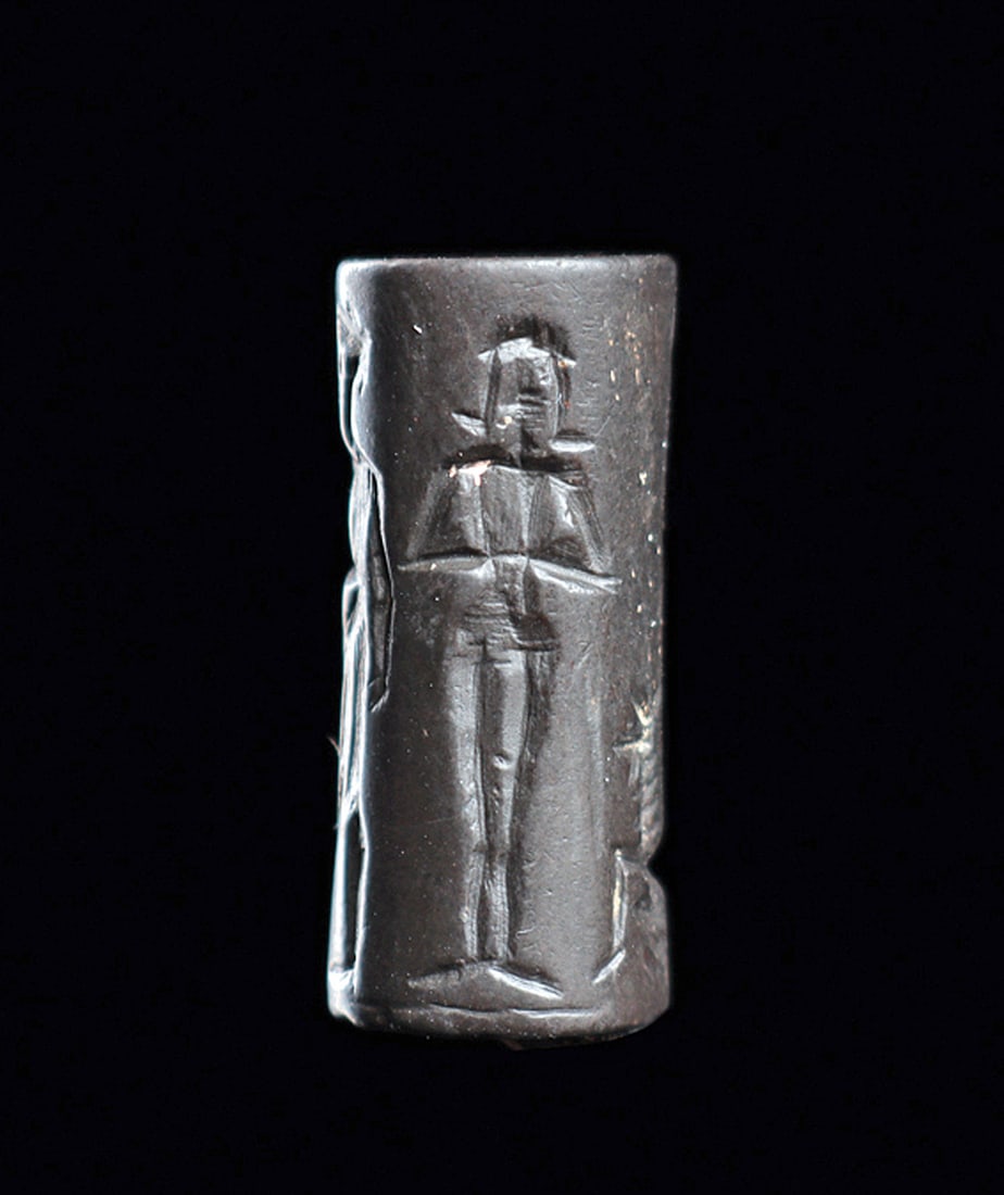 Old Babylonian Black Stone Cylinder Seal with Men Conve (1 of 1)