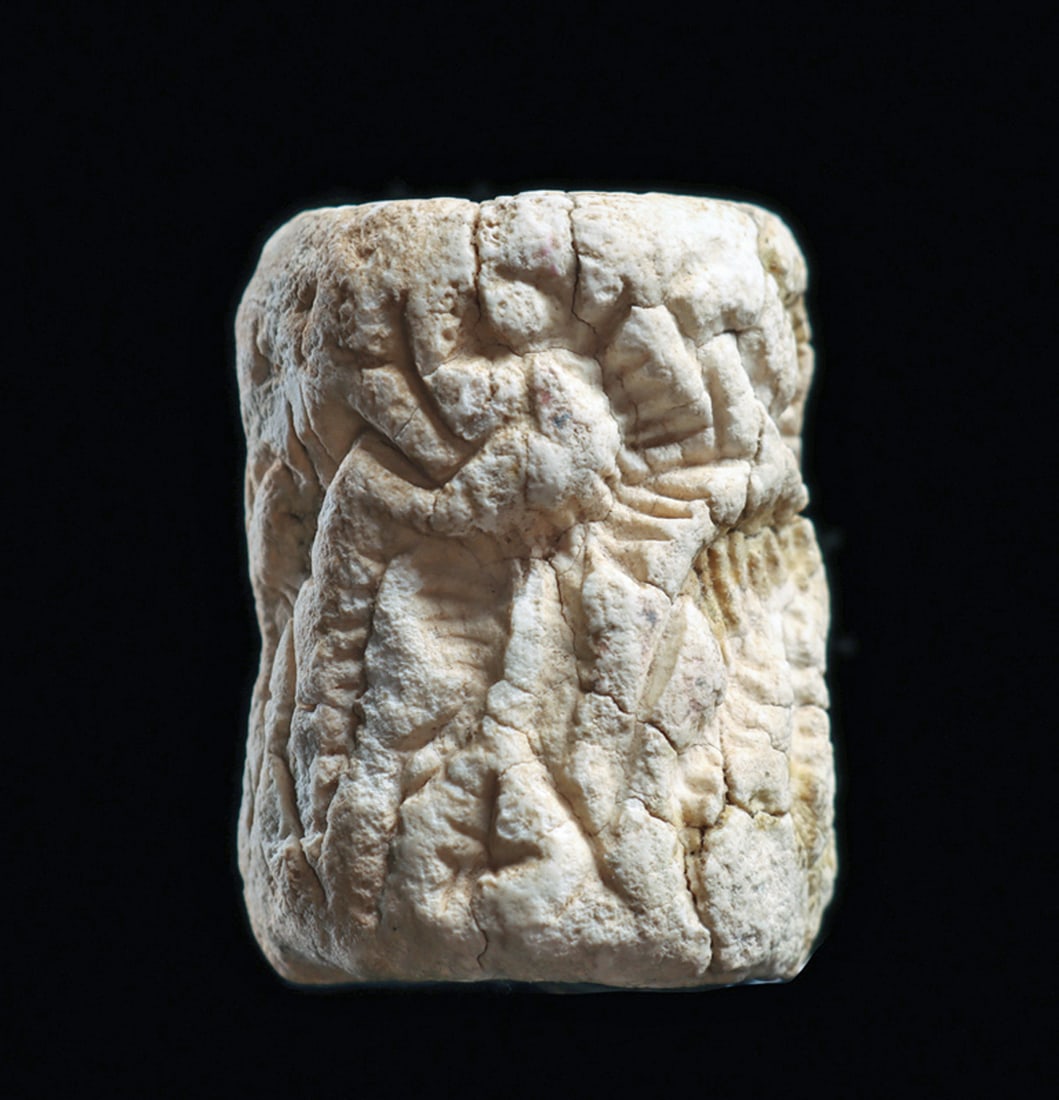 Large Sumerian Limestone Cylinder Seal with Battle Scen: Very large limestone cylinder seal having a carved rollout impression depicting an elaborate battle scene between heroes and animals. Overall general surface weathering and several stabilized hair lin