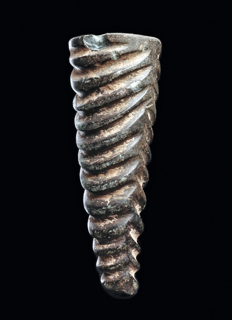 Egyptian Black Stone Royal Beard: Carved black stone royal beard, being a separately carved attachment to a royal head, having an overall carved braided design, and hollowed through the center for attachment. Overall strong scattered