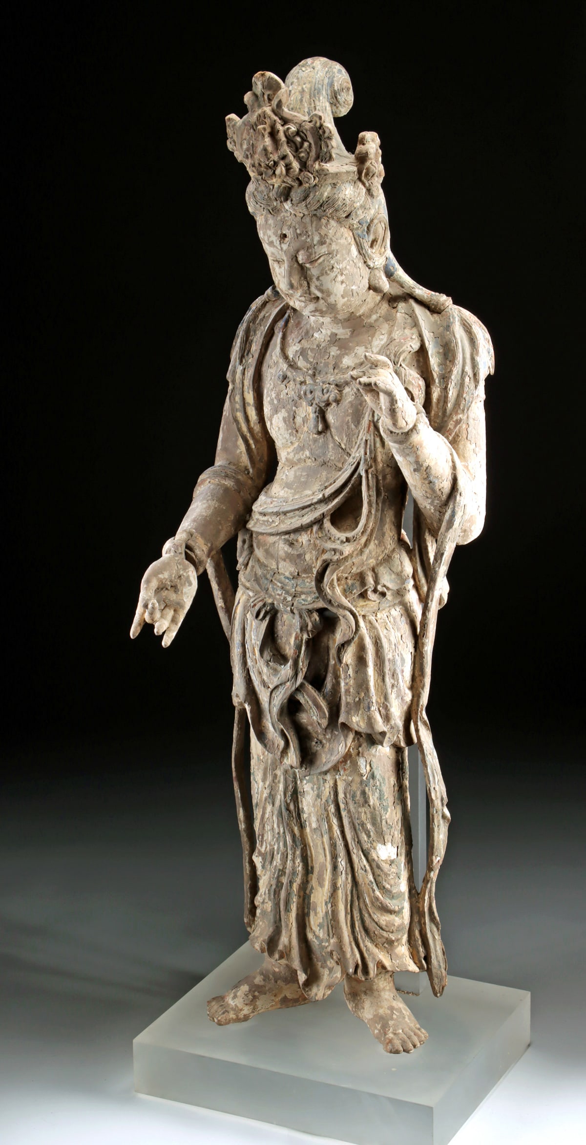 13th C. Jin Dynasty Wood Bodhisattva - Mahasthamaprapta: East Asia, China, Jin Dynasty, ca. 1115 to 1234 CE. A rare and evocative survival of medieval Chinese devotion, this life-size wooden sculpture of Mahasthamaprapta (Dashizhi) stands with gentle grace,