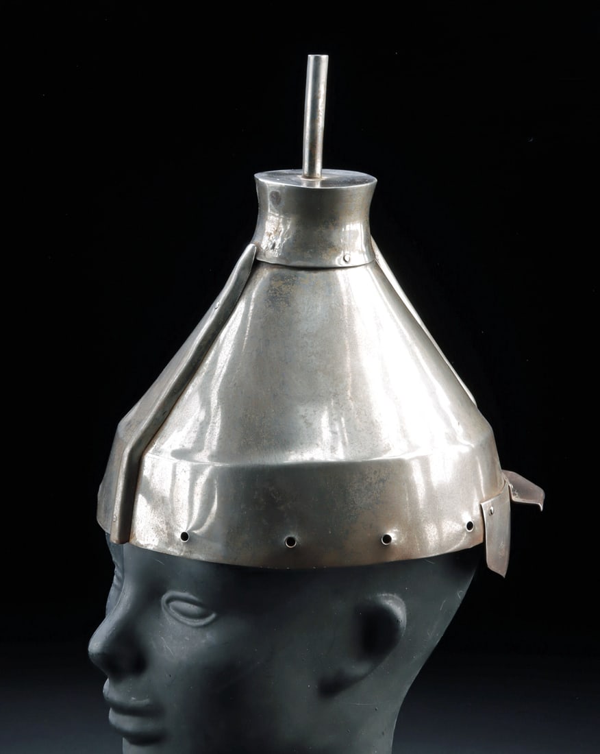 Early 19th C. Chinese Qing Dynasty Bannerman Helmet: East Asia, China, Qing Dynasty, ca. early 19th century CE. A steel bannerman battle helmet of conical form, assembled from multiple plates secured with rivets and finished with a polished surface. The