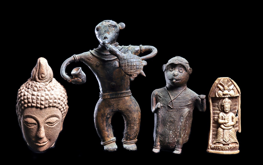 Thai Stone Buddha Head & Two Indian Bronzes Figures & A (1 of 4)