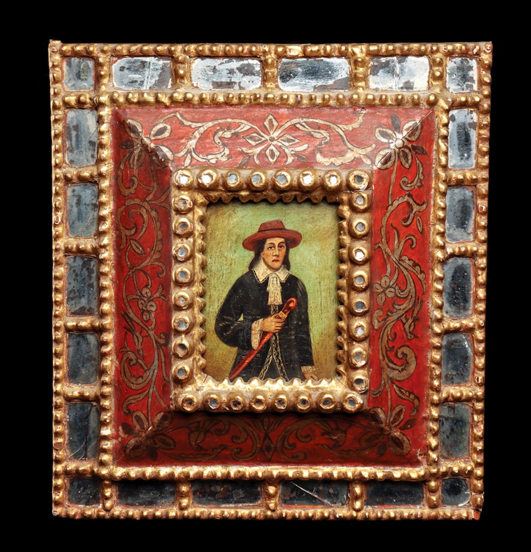 Portrait of Gentleman on Mirrored Frame: Portrait of a gentleman wearing a wide brimmed hat, lace collar and cuffs, and holding a carved wooden staff, painted on a wood panel. Framed within a large stepped frame with a wide border of gold le