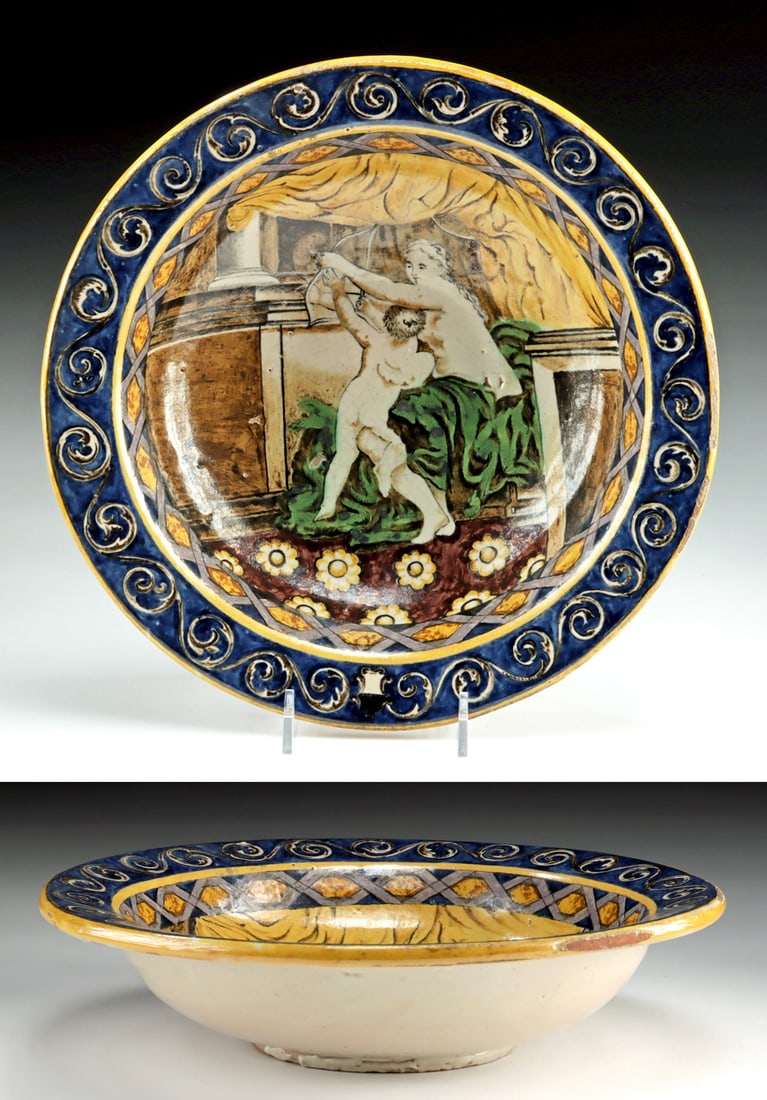 19th C. Italian Maiolica Dish - Venus Disarming Cupid (1 of 4)