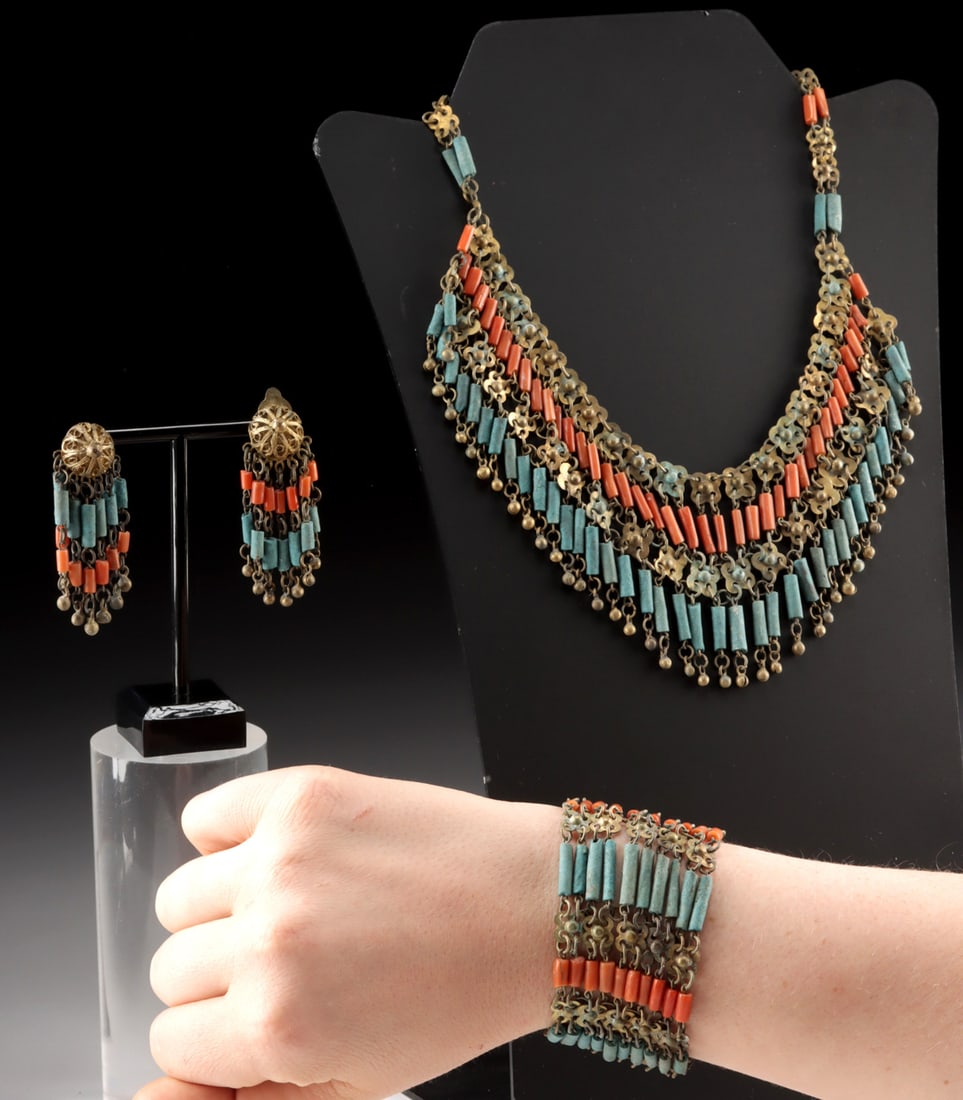 Egyptian Revival 1920s Bead Jewelry Set, Miriam Haskell: United States, ca. 1920s-1940s CE. An Egyptian Revival jewelry suite, likely the work of Miriam Haskell, produced during the height of Art Deco fascination with ancient Egypt. The set includes a wide
