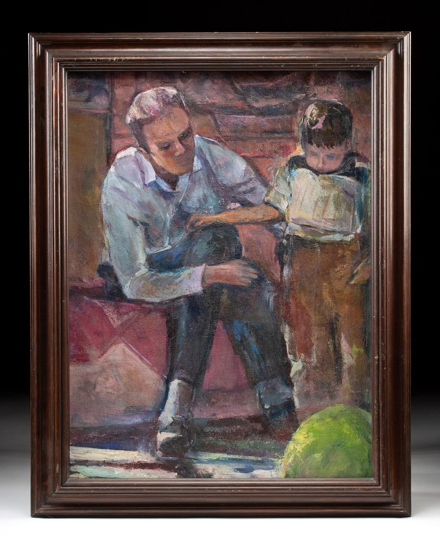 Arthur Knebel Painting "Joe Lucero and Kid": Arthur Knebel (American, 1925-2013). "Joe Lucero and Kid" oil on canvas, n.d. Unsigned. A gentle hush settles over Arthur Knebel's oil on canvas "Joe Lucero and Kid", a work that leans toward the poet